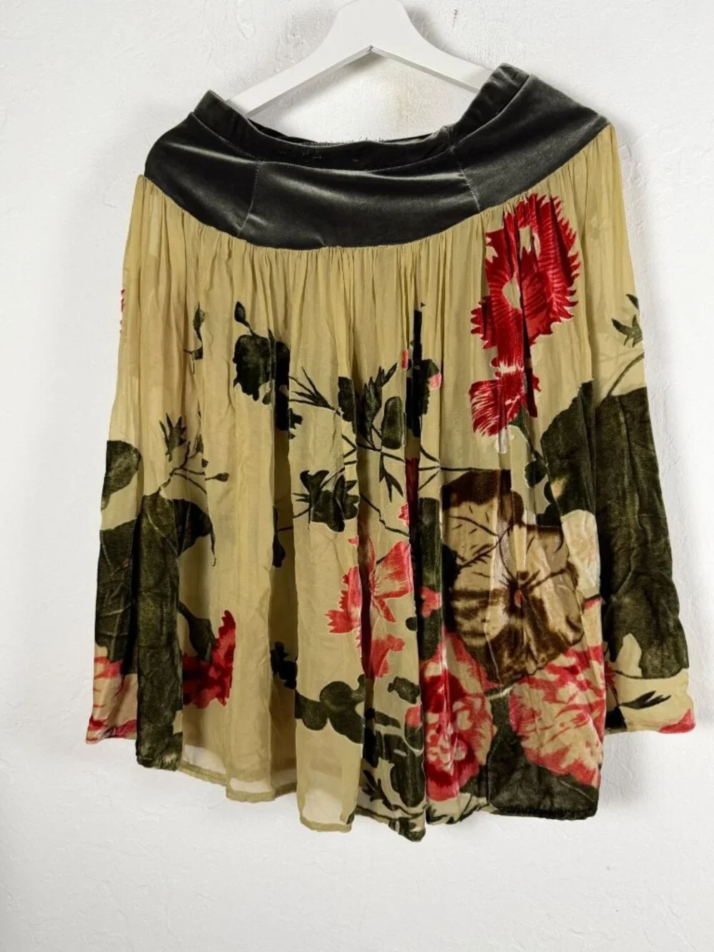 Velvet Burnout Floral Pleated Skirt Silk Blend Olive Green Beige Red Botanical